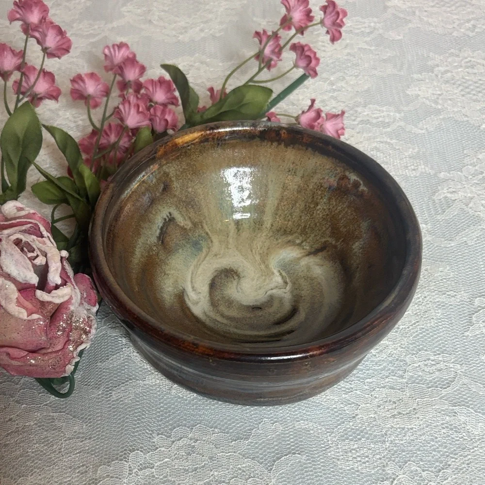 Handmade Pottery Bowl Vintage Artisan Handcrafted Signed Art Glazed Brown Tan